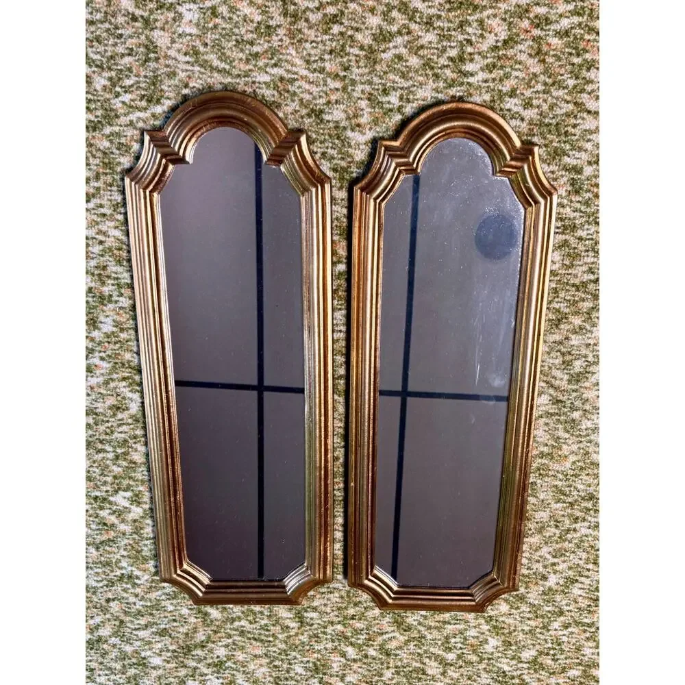 Pair Vintage Bassett Mirror Co Gold Arched Wall Mirrors Hollywood Regency 1970s
